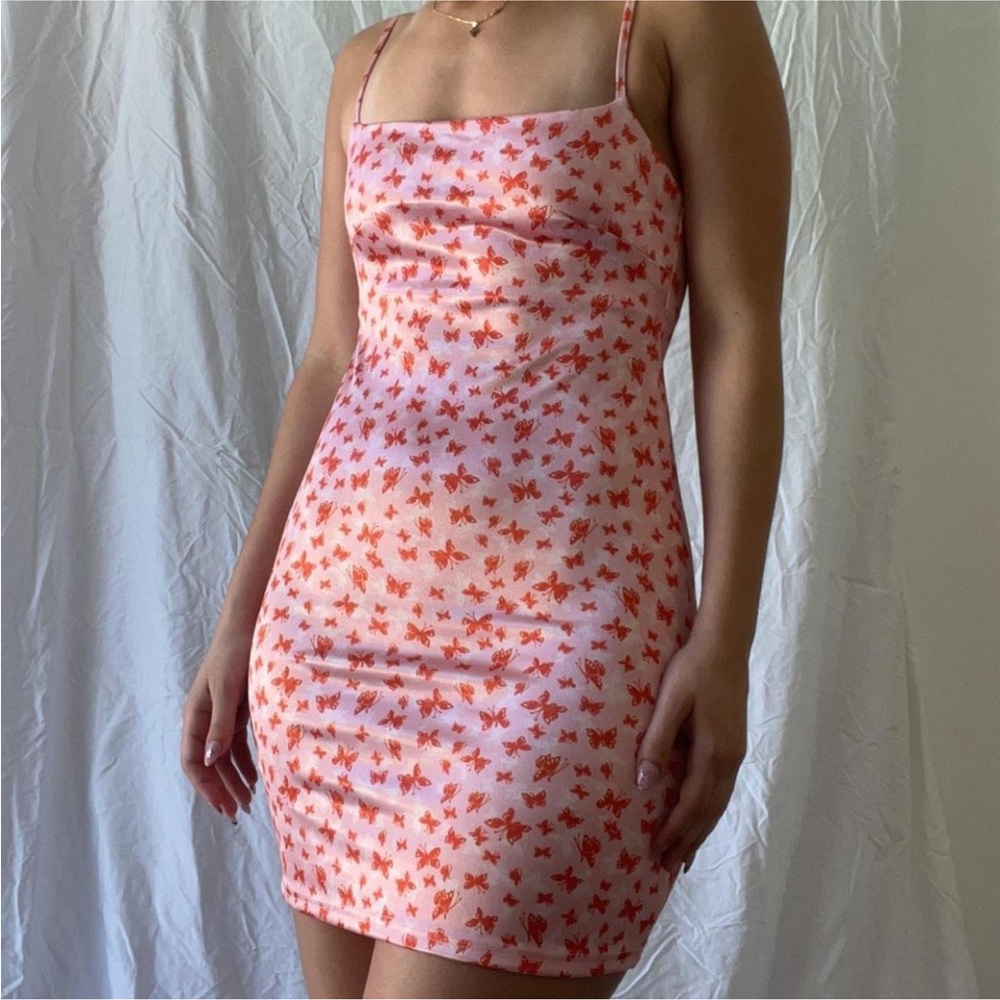 Urban Outfitters Pink Orange Butterfly Satin Slip Mini Dress Small Y2K 2000s